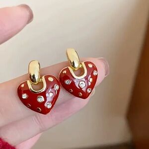 Fashion Rhinestone Red love Heart Earring Gold Plated Small Enamel Heart Earring